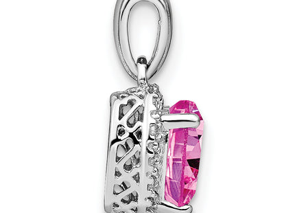 Sterling Silver Rhod-plated Created Pink Sapphire/Diamond Pendant, 18 x 9.3mm