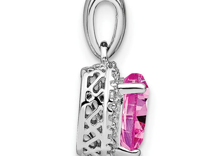 Sterling Silver Rhodium Plated Created Pink Sapphire and Diamond Halo Heart Pendant, view 2