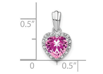 Sterling Silver Rhodium Plated Created Pink Sapphire and Diamond Halo Heart Pendant, view 3
