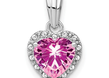 Sterling Silver Rhodium Plated Created Pink Sapphire and Diamond Halo Heart Pendant