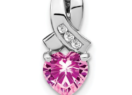 Sterling Silver Rhod-plated Created Pink Sapphire/Diamond Pendant, 14.8 x 6.4mm