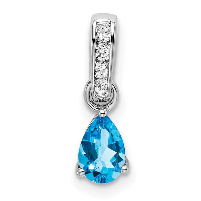 14k White Gold Pear Blue Topaz and Diamond Pendant, 16.3 x 4.5mm