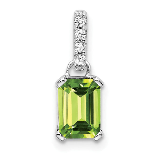 14k White Gold 7x5 Emerald-cut Peridot and Diamond Pendant