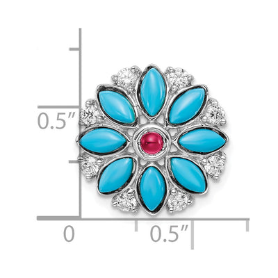 14K White Gold Turquoise/Creat. Ruby/White Topaz Floral Chain Slide