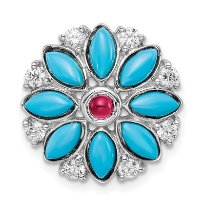 14K White Gold Turquoise/Creat. Ruby/White Topaz Floral Chain Slide