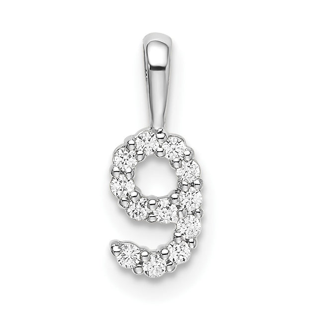 14k White Gold Diamond Number 9 Pendant, 13.12 x 4.96mm