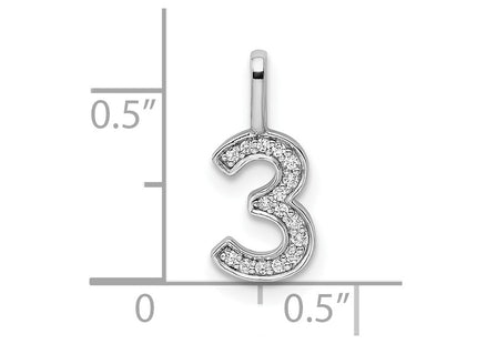 14K white gold diamond number 3 pendant, another view