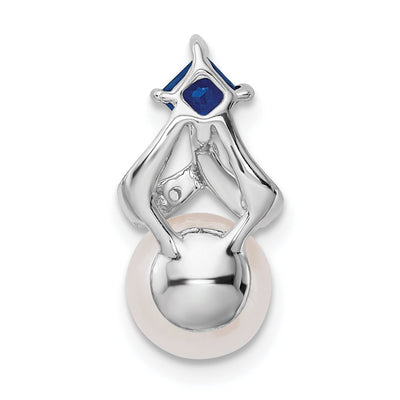 14K White Gold FWC Pearl Sapphire & Diamond Chain Slide