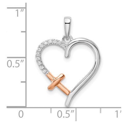 14K Two-tone White and Rose Heart w/Cross Diamond Pendant