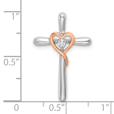 14K Two-tone White & Rose Cross w/Heart Diamond Chain Slide