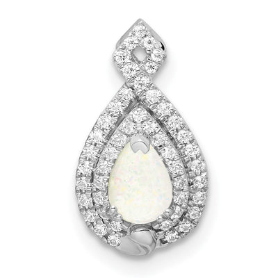 14K White Gold Polished Pear Opal & Diamond Chain Slide