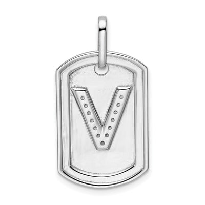 14K White Gold Diamond Initial V Dog Tag Charm