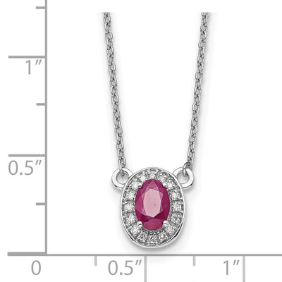 14K White Gold Diamond and Oval Ruby Halo Necklace, 18 x 8mm
