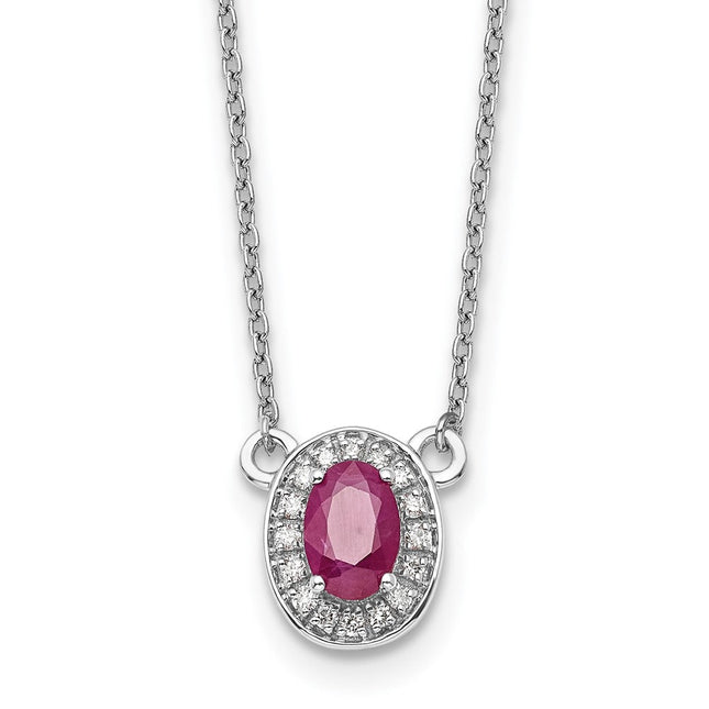 14k White Gold Diamond and Oval Ruby Halo Necklace, 18 x 8mm