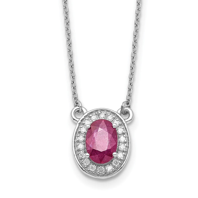 14k White Gold Diamond and Oval Ruby Halo Necklace, 18 x 11mm