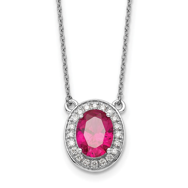 14k White Gold Diamond and Oval Ruby Halo Necklace, 18 x 13mm