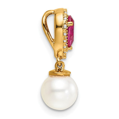14K Polished Diamond Pearl and Ruby Teardrop Chain Slide
