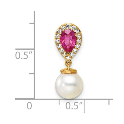 14K Polished Diamond Pearl and Ruby Teardrop Chain Slide