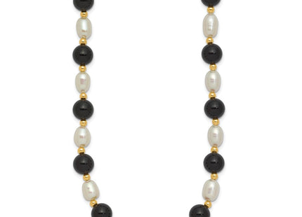 14k 6- White Rice Freshwater Cultured Pearl and Onyx Beads Bracelet