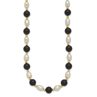 14K White Rice Freshwater Cultured Pearl and Onyx Beads Bracelet