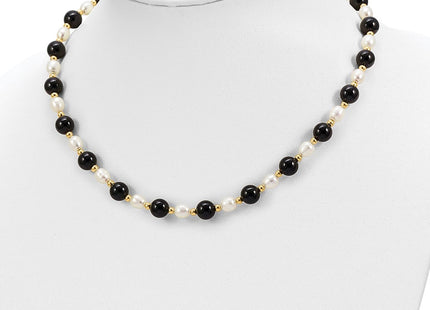 14k 6- White Rice Freshwater Cultured Pearl and Onyx Beads Bracelet