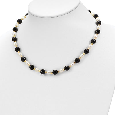 14K White Rice Freshwater Cultured Pearl and Onyx Beads Bracelet