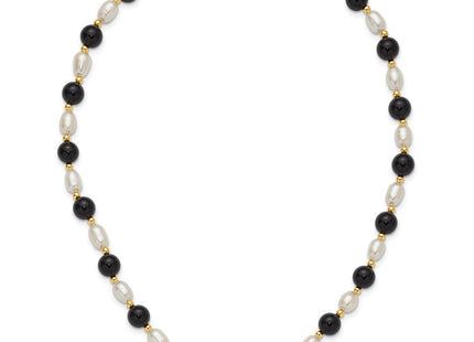 14k 6- White Rice Freshwater Cultured Pearl and Onyx Beads Bracelet