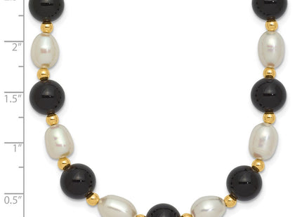 14k 6- White Rice Freshwater Cultured Pearl and Onyx Beads Bracelet