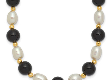 14k 6- White Rice Freshwater Cultured Pearl and Onyx Beads Bracelet