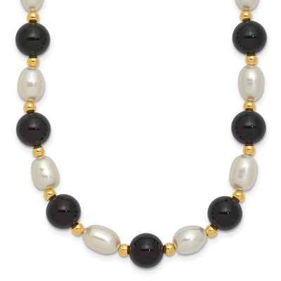 14K White Rice Freshwater Cultured Pearl and Onyx Beads Bracelet