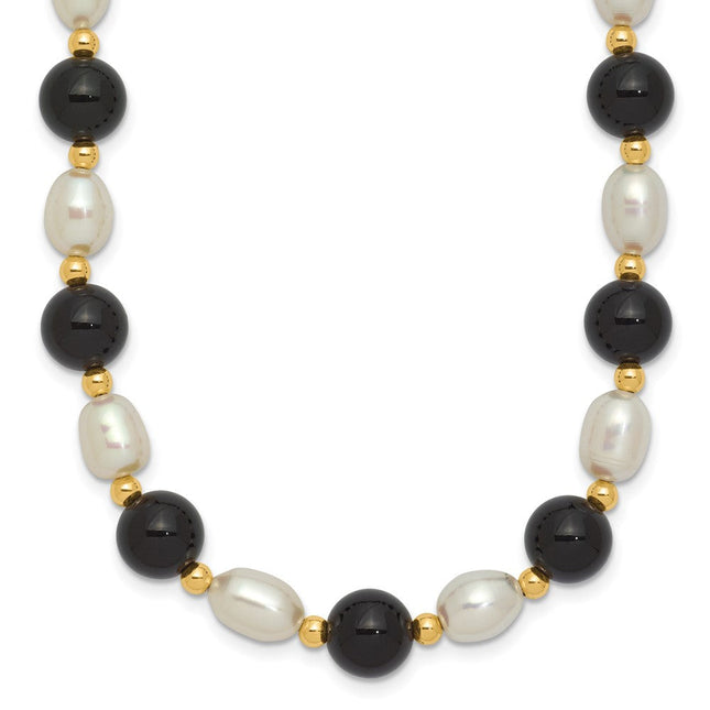 14k 6- White Rice Freshwater Cultured Pearl and Onyx Beads Bracelet