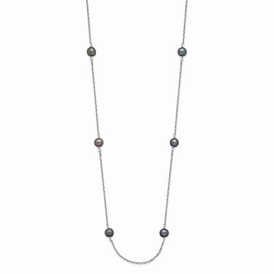 14K White Gold Black Near Round Freshwater Cultured Pearl 8-station Necklace