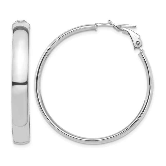 14k White Gold High Polished Omega Back Hoop Earrings, 37.5 x 5mm