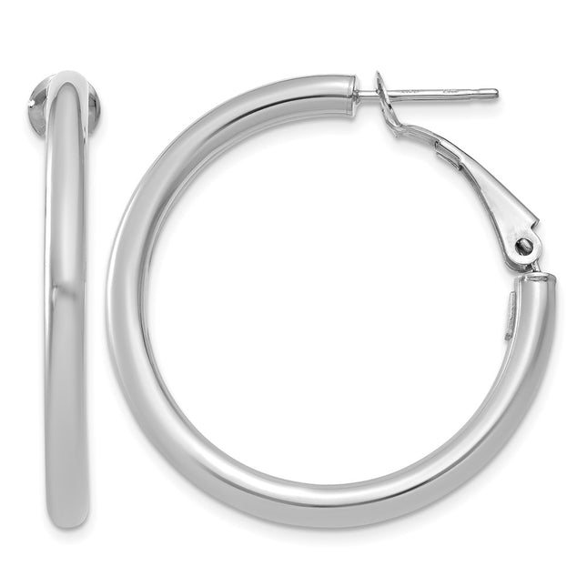 14k White Gold Polished Round Omega Back Hoop Earrings, 32.5 x 3mm