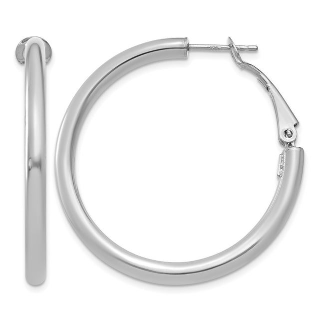 14k White Gold Polished Round Omega Back Hoop Earrings, 36 x 3mm