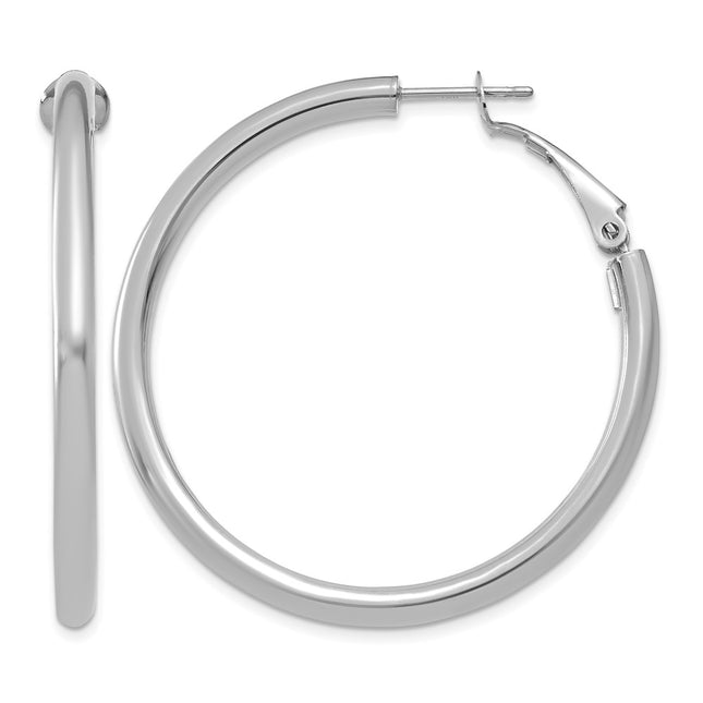 14k White Gold Polished Round Omega Back Hoop Earrings, 41 x 3mm