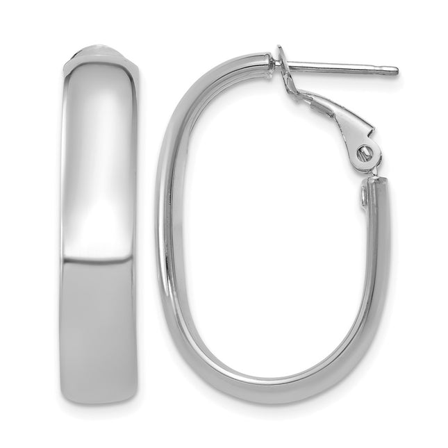 14k White Gold Oval Omega Back Hoop Earrings, 27 x 5.75mm