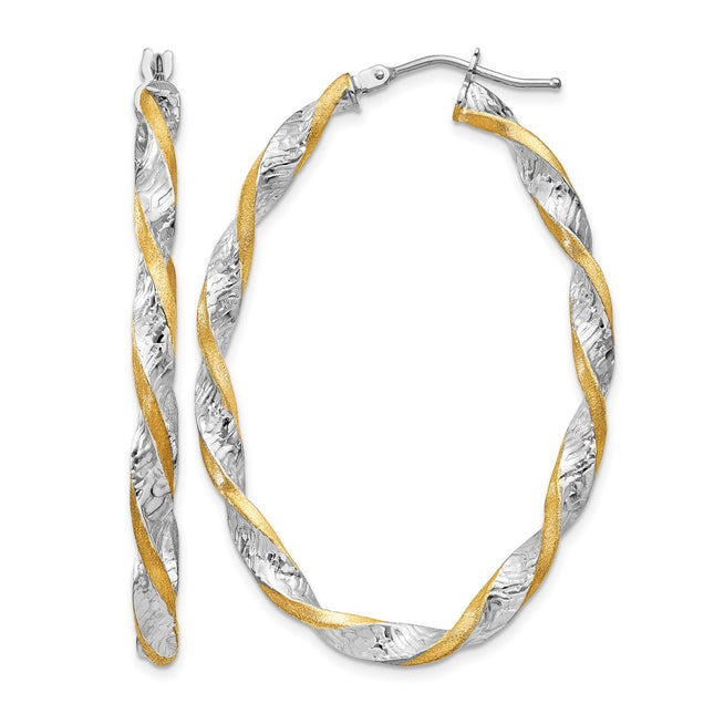 14k White Gold & Yellow Rhodium Twisted D/C Oval Hoop Earrings, 40 x 31mm