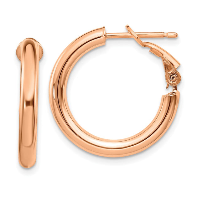 14k Rose Gold Polished Round Omega Back Hoop Earrings, 22 x 3mm