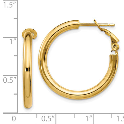14K Polished Round Omega Back Hoop Earrings, 25 x 3mm