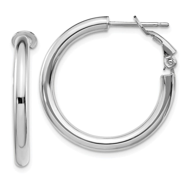 14k White Gold Polished Round Omega Back Hoop Earrings, 27 x 3mm