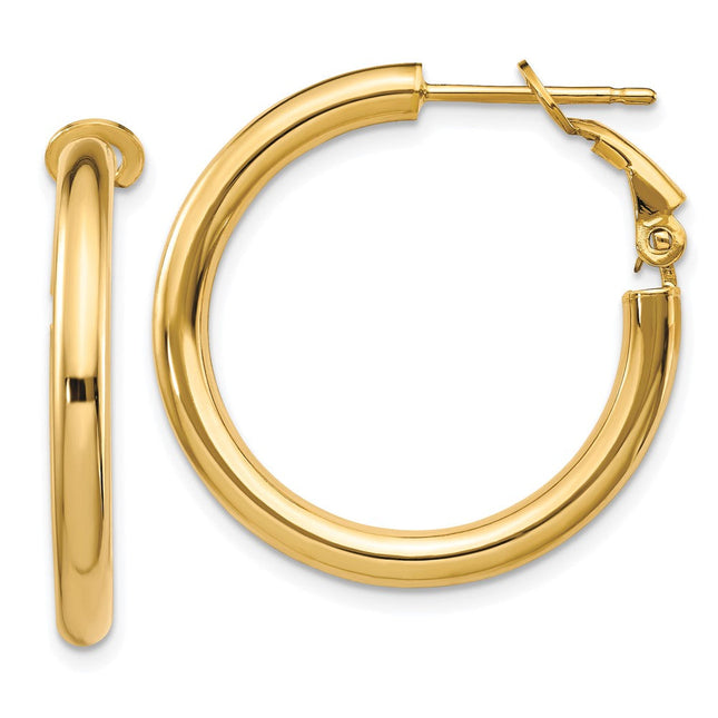 14k Polished Round Omega Back Hoop Earrings, 25 x 3mm
