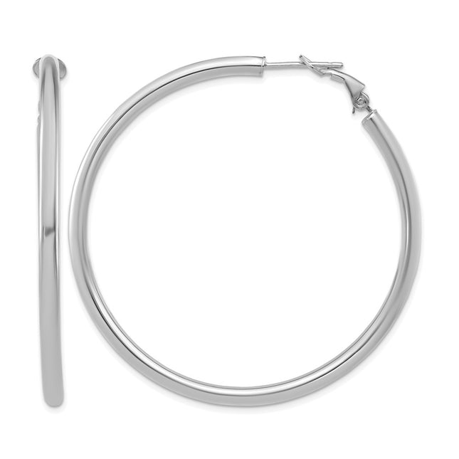 14k White Gold Polished Round Omega Back Hoop Earrings, 52 x 3mm