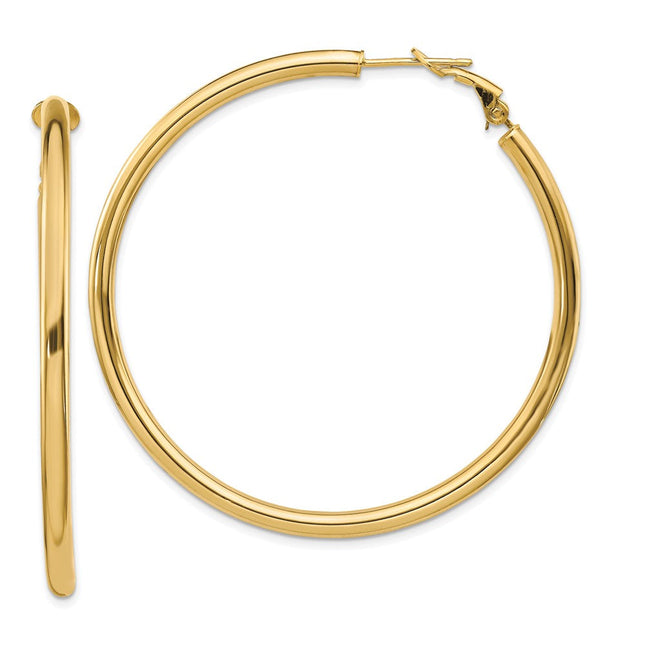 14k Polished Round Omega Back Hoop Earrings, 52 x 3mm