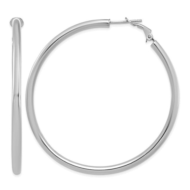 14k White Gold Polished Round Omega Back Hoop Earrings, 57 x 3mm