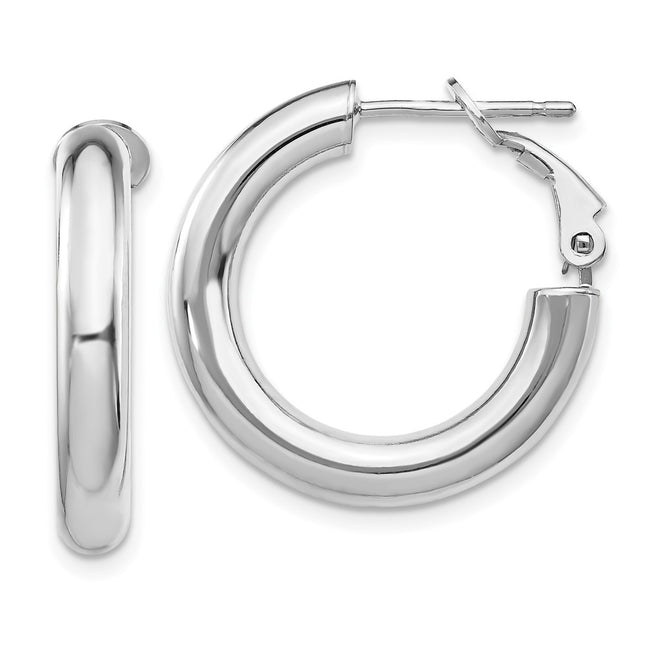 14k White Gold Polished Round Omega Back Hoop Earrings, 23.5 x 4mm
