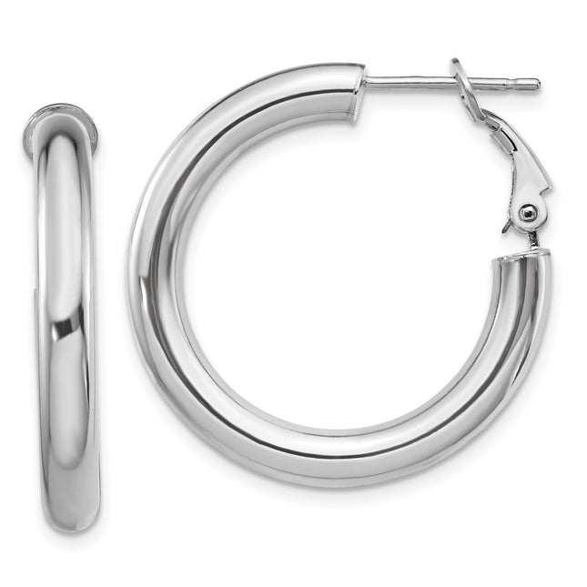 14k White Gold Polished Round Omega Back Hoop Earrings, 28.5 x 4mm