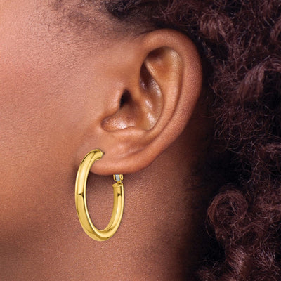 14K Polished Round Omega Back Hoop Earrings, 33.5 x 4mm