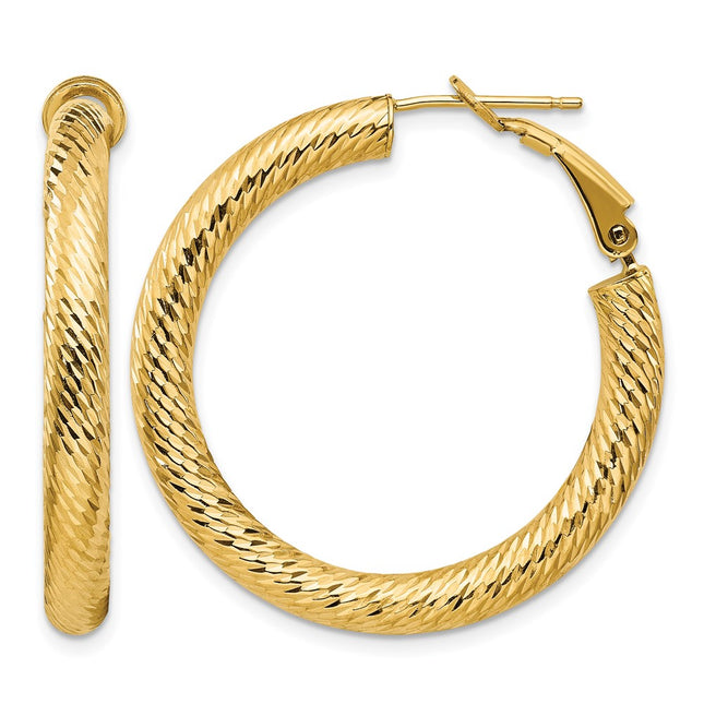 14k Diamond-cut Round Omega Back Hoop Earrings, 34 x 4mm