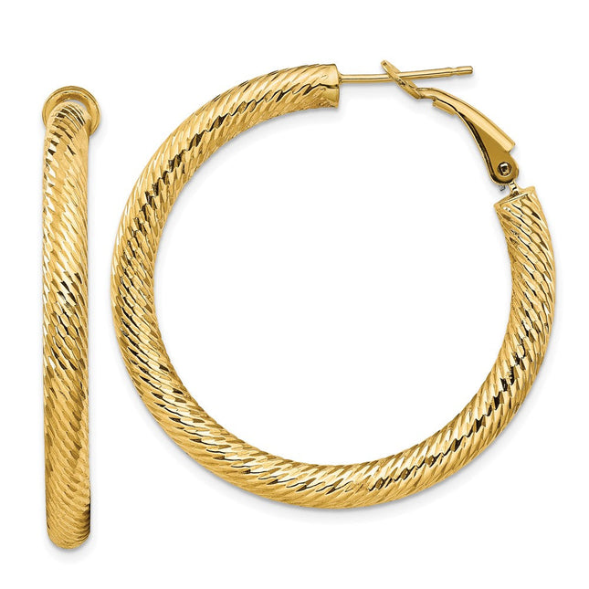 14k Diamond-cut Round Omega Back Hoop Earrings, 40 x 4mm